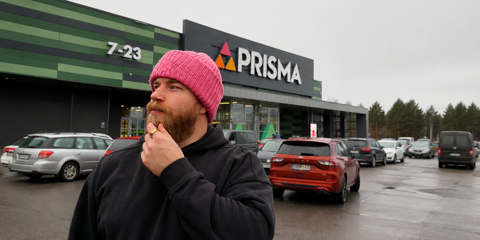Tekijä pinkissä pipossa Prisman myymälän edustalla urheiluasukampanjassa